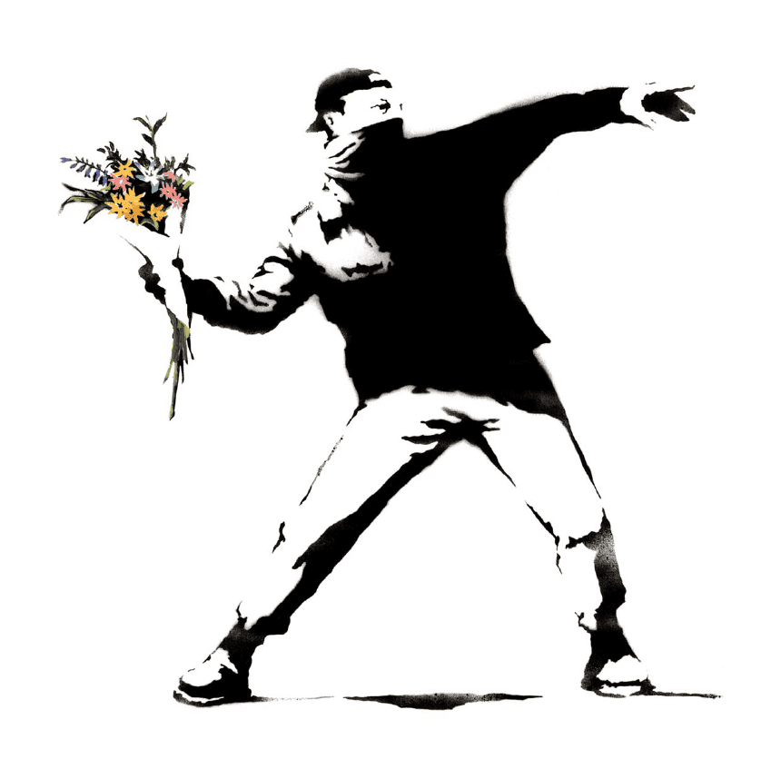 Banksy street art flower masked man war peace