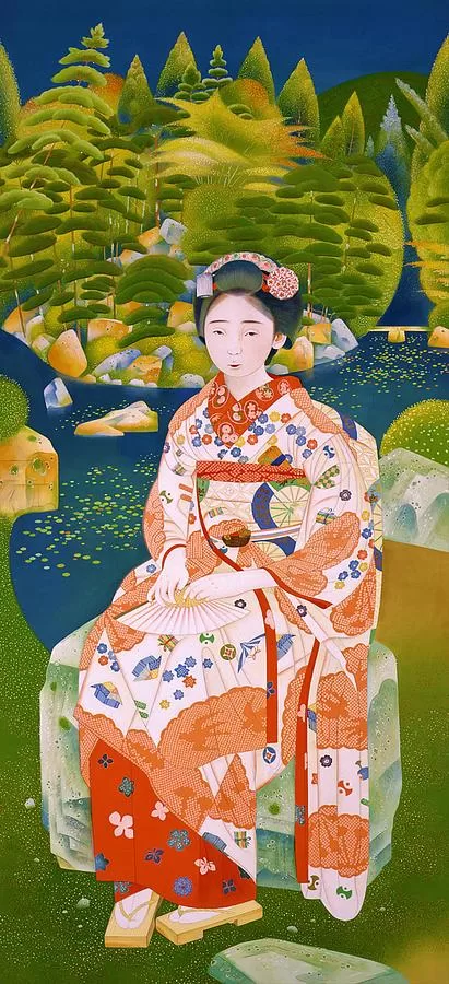 Joven maiko en el jardín Tsuchida Bakusen